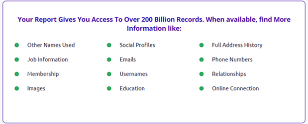 The content of a Social Catfish report