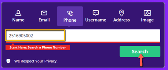 Social Catfish phone number input
